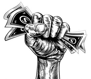Revolution fist holding money concept